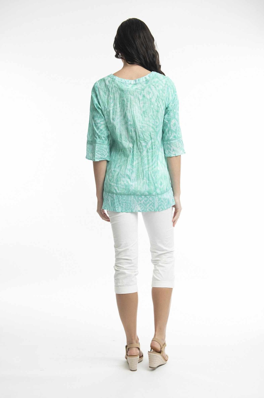 Women Orientique Tops | Olympus Blue Top Pleated 3/4 Sleeve