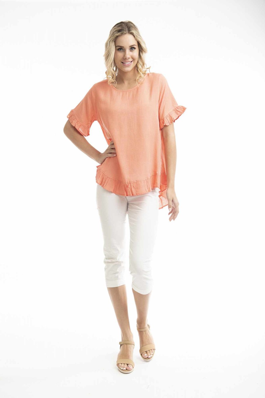 Women Orientique Essentials | Essentials Top Linen Frill Coral