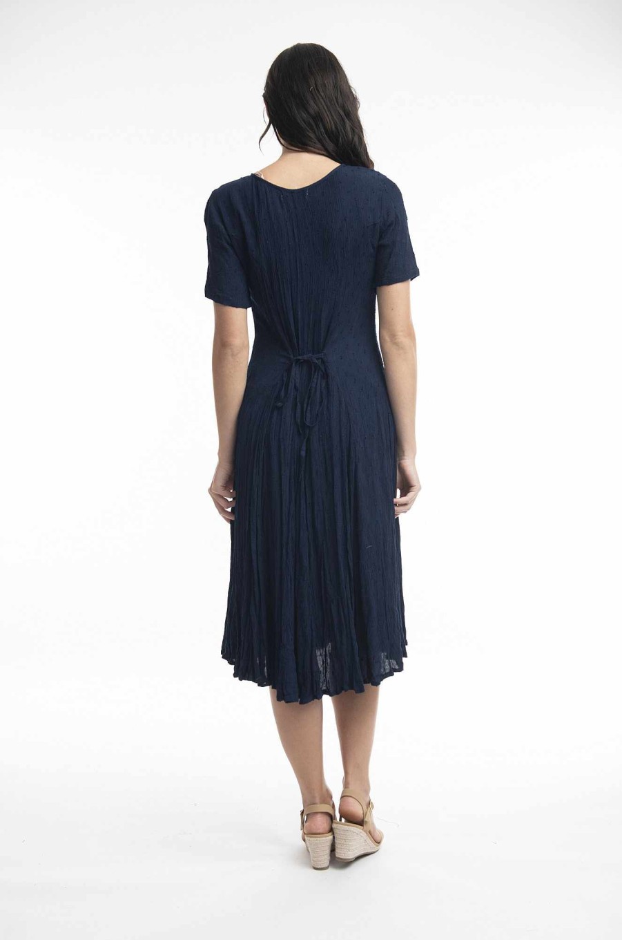 Women Orientique Essentials | Essentials Dress Godet Short Sleeve Navy