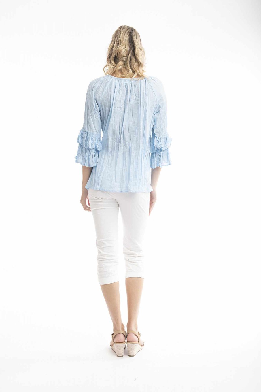 Women Orientique Essentials | Essentials Top Cotton Frill Sleeve Gauze Chambray