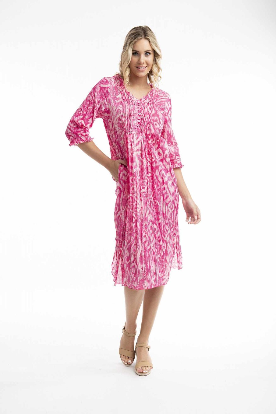 Women Orientique Dresses | Olympus Pink Dress Pleated Buttons Maxi