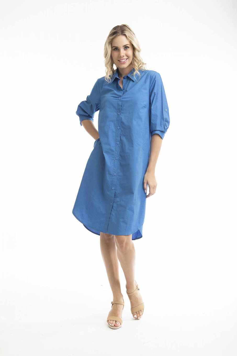 Women Orientique Essentials | Essentials Shirt Dress Solid Nautical Blue