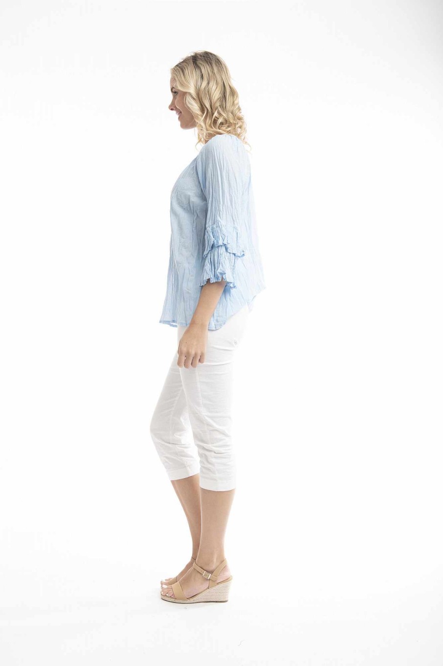 Women Orientique Essentials | Essentials Top Cotton Frill Sleeve Gauze Chambray